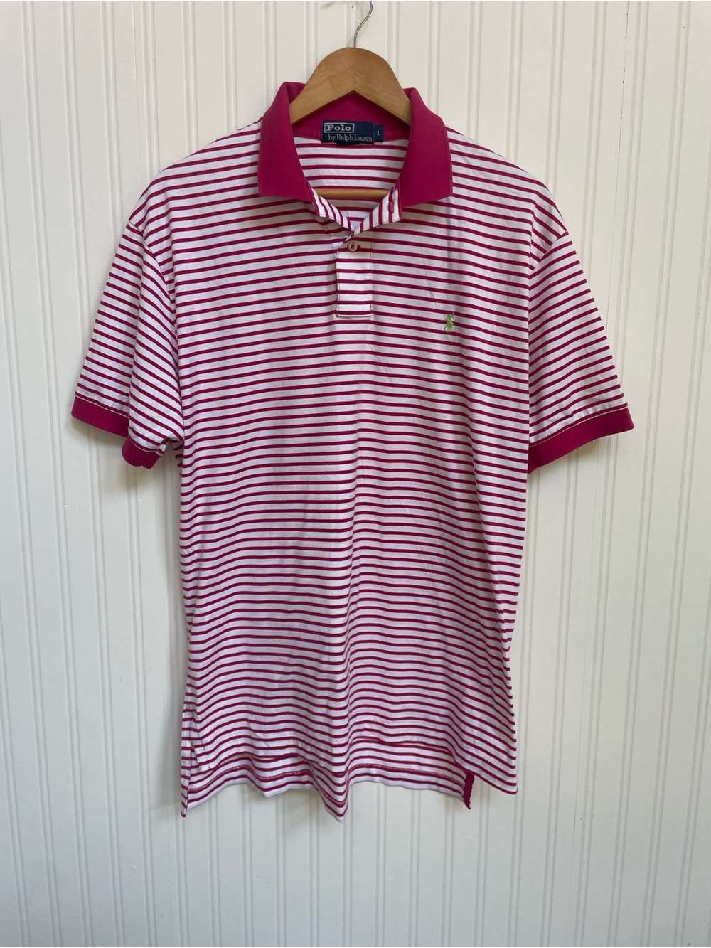 Polo by Ralph Lauren Pink/White Striped shirt w/ green embroidery Men’s Large